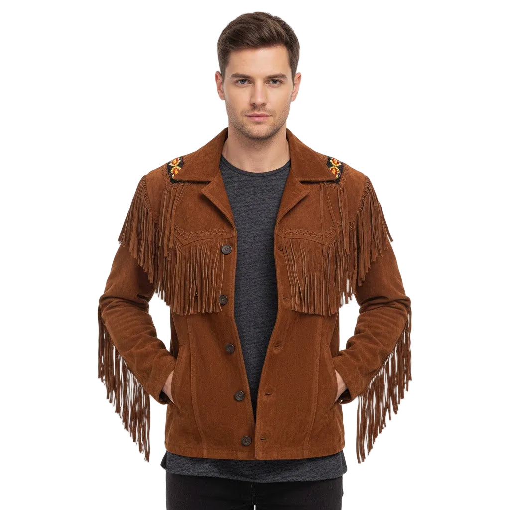 Man wearing a brown suede jacket with fringes on a white background