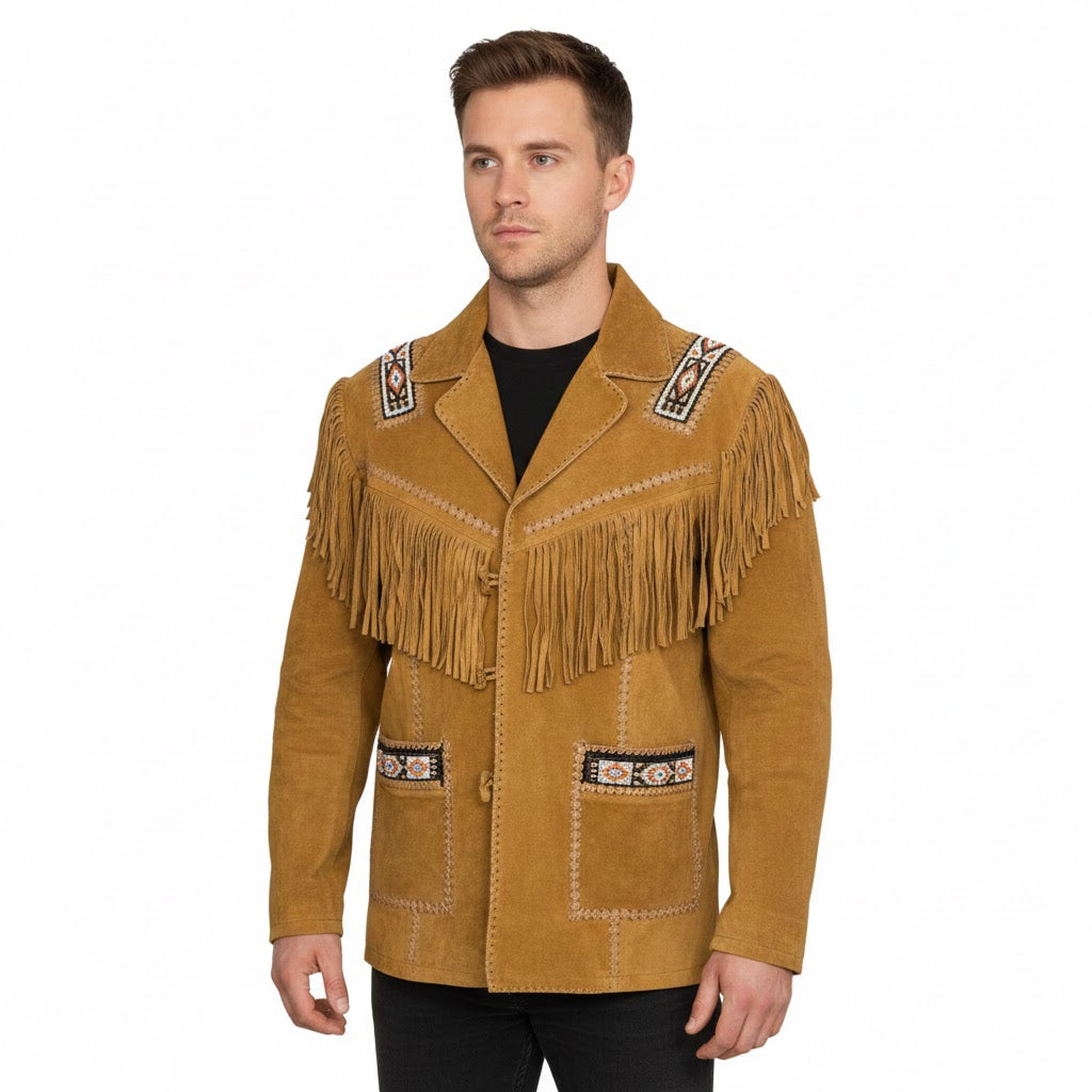 Man wearing a tan Brown jacket with fringe and embroidery on a white background