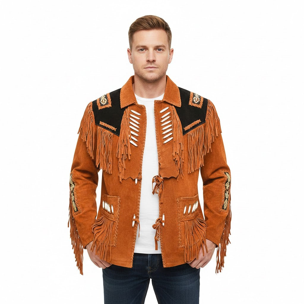 Man wearing a brown fringed jacket on a white background