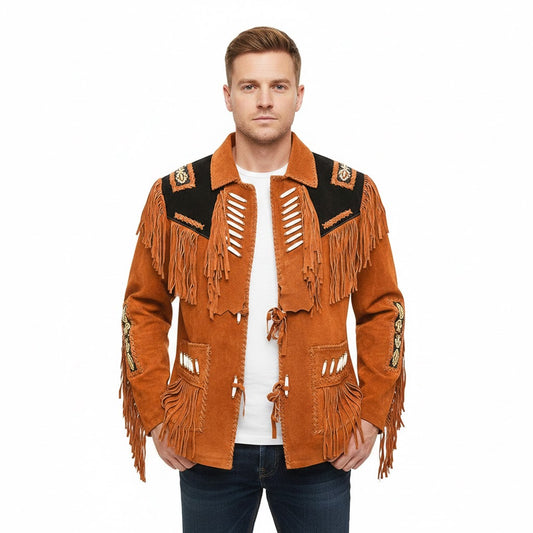 Man wearing a brown fringed jacket on a white background