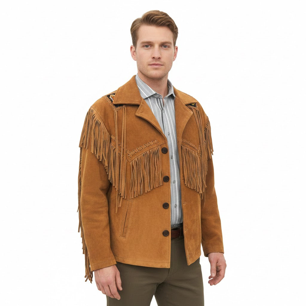 Man wearing a brown suede jacket with fringes on a white background