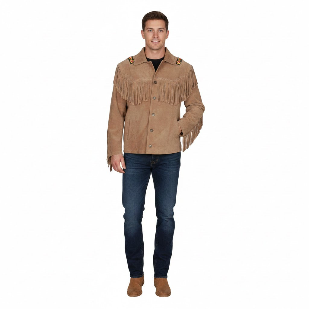 Man wearing a Brown suede jacket with fringes on a white background