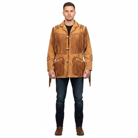 Man wearing a brown fringed leather jacket on a white background
