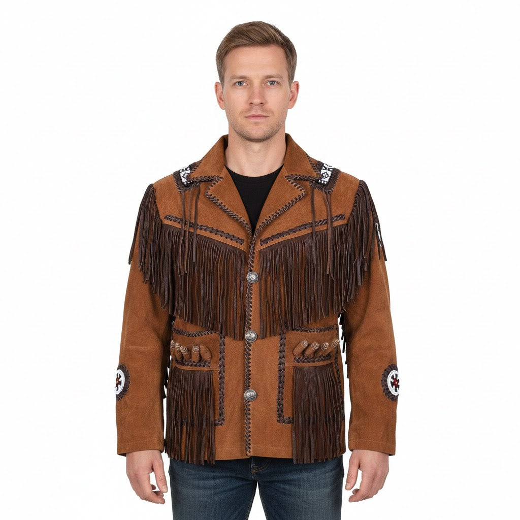 Man wearing a brown fringed jacket on a white background