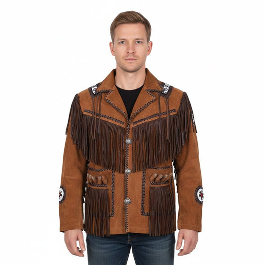 Man wearing a brown fringed jacket on a white background