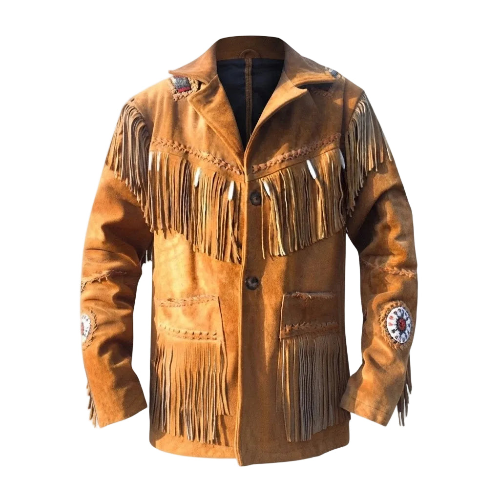 A brown suede fringe jacket with decorative beadwork and patch details, shown against a plain white background.