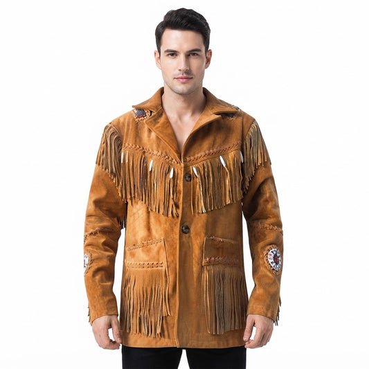 A man wearing a brown suede fringed jacket with western-style buttons and decorative patches on the sleeves, photographed against a plain white background.
