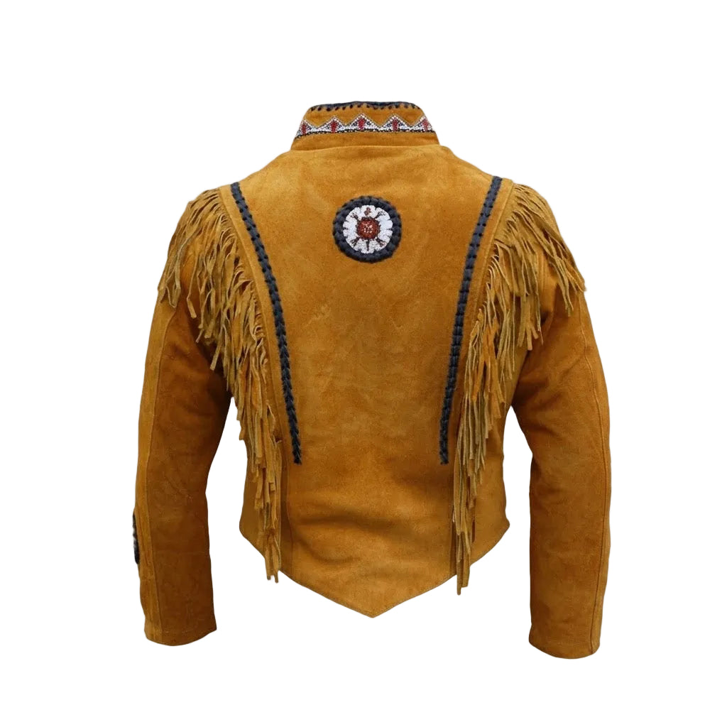A brown suede fringed jacket shown from the back, featuring a circular embroidered patch on the upper back, decorative braided trim, and a patterned collar.