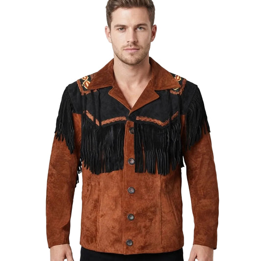 A man wearing a brown suede western-style jacket with black fringe and embroidery, photographed against a white background.