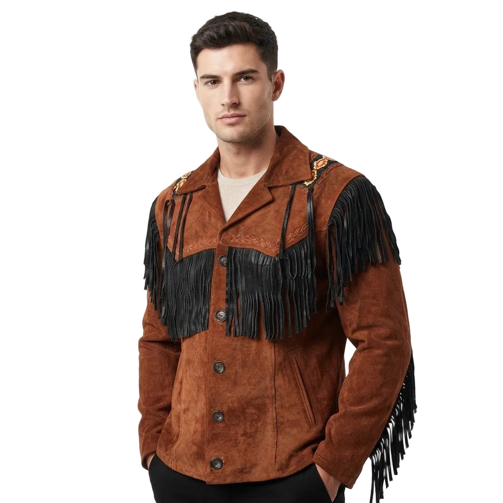 A man wearing a brown suede fringe jacket with black fringe detailing, photographed against a clean white studio background.
