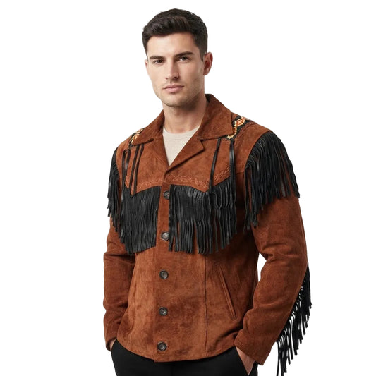 A man wearing a brown suede fringe jacket with black fringe detailing, photographed against a clean white studio background.