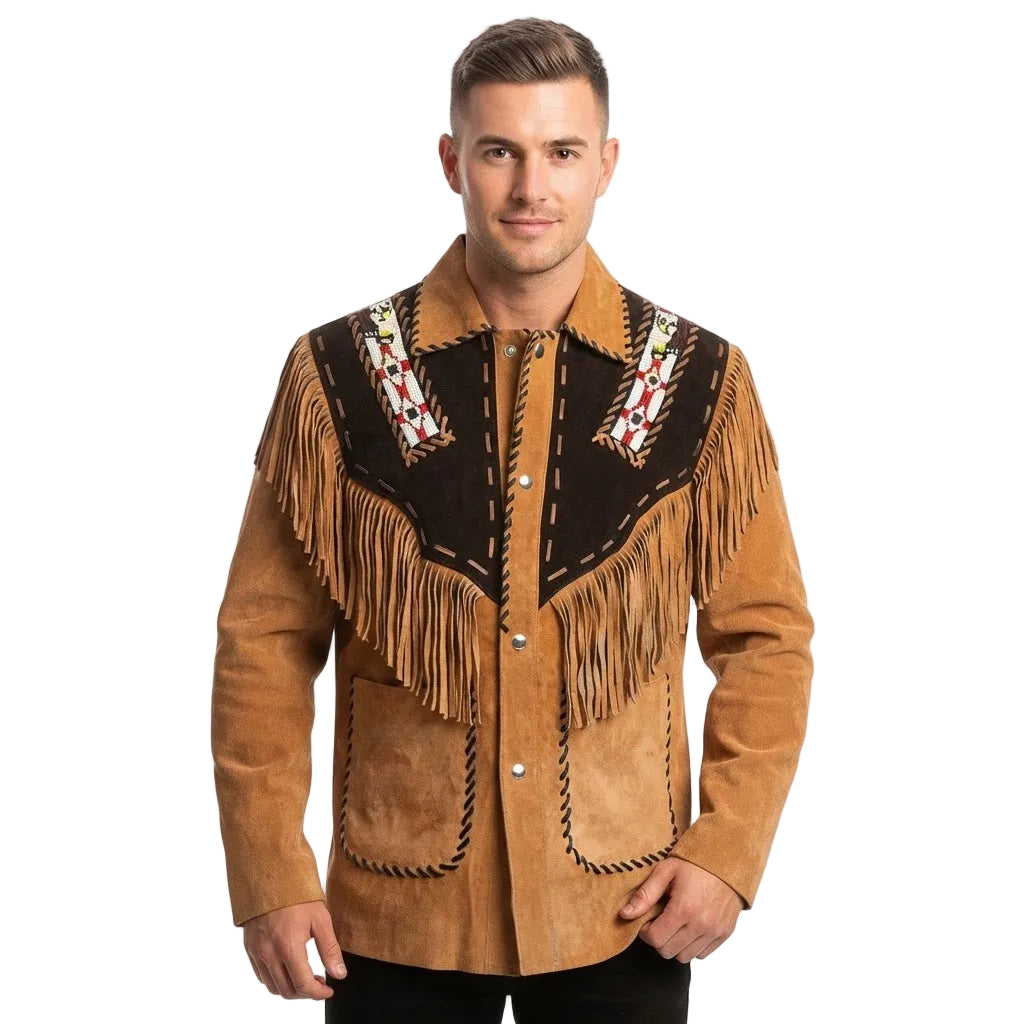 A man wearing a brown suede western-style jacket with dark brown fringe, decorative geometric embroidery on the chest, and snap-button front closure, photographed against a plain white background.