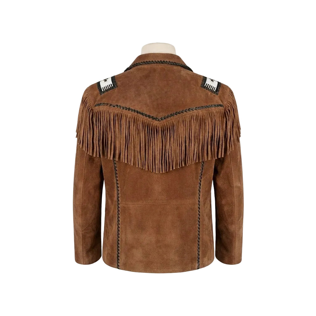 A brown suede fringe jacket displayed on a mannequin torso against a plain white background.