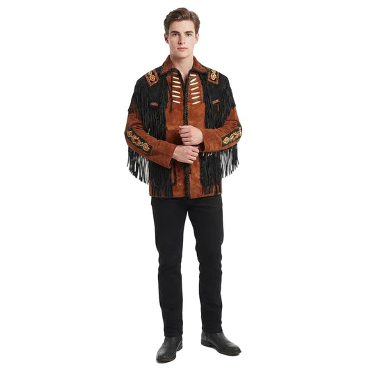 A man modeling a brown and black fringed western-style jacket with gold embroidery, paired with black pants and boots, against a plain white studio background.