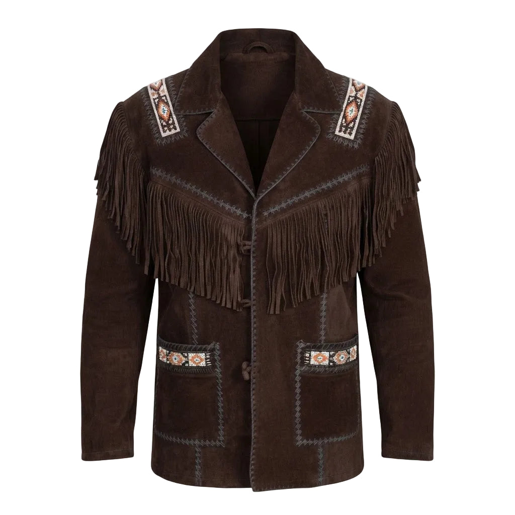 A dark brown suede fringe jacket with geometric embroidered details on the collar, pockets, and chest, displayed against a solid white background.