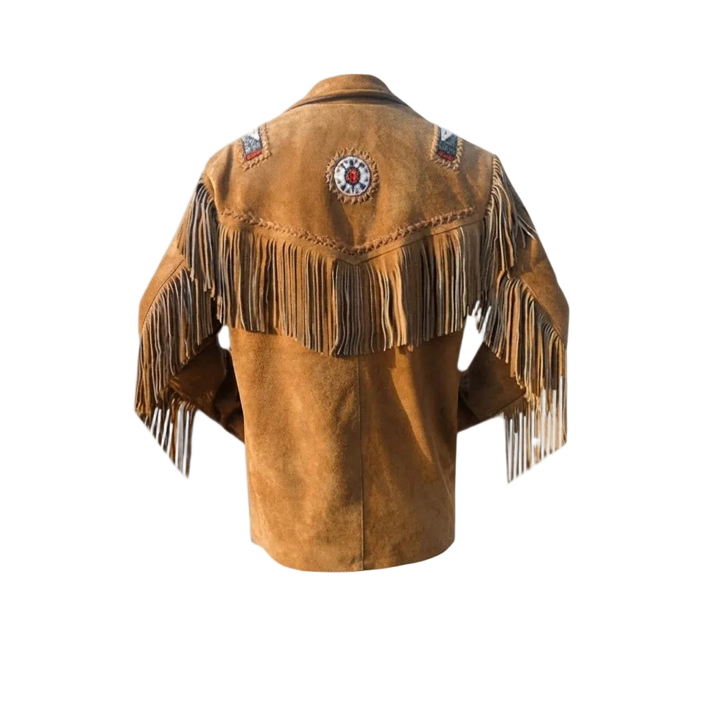 A brown suede fringed jacket shown from the back, featuring a central circular beadwork design and matching beadwork on the shoulders, set against a plain white background.