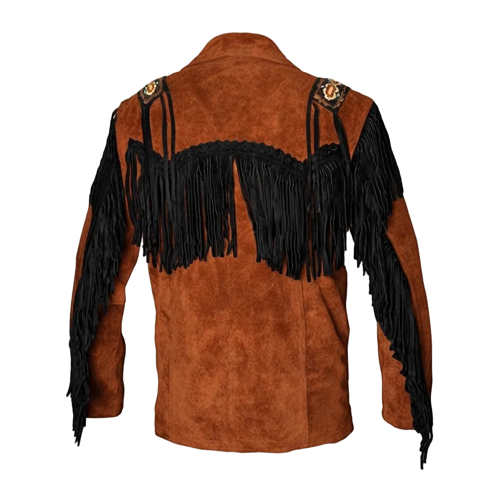 A brown suede fringe jacket shown from the back, featuring long black fringe across the shoulders and sleeves, decorative embroidered patches near the top of the shoulders, and a black lace-like band across the upper back.