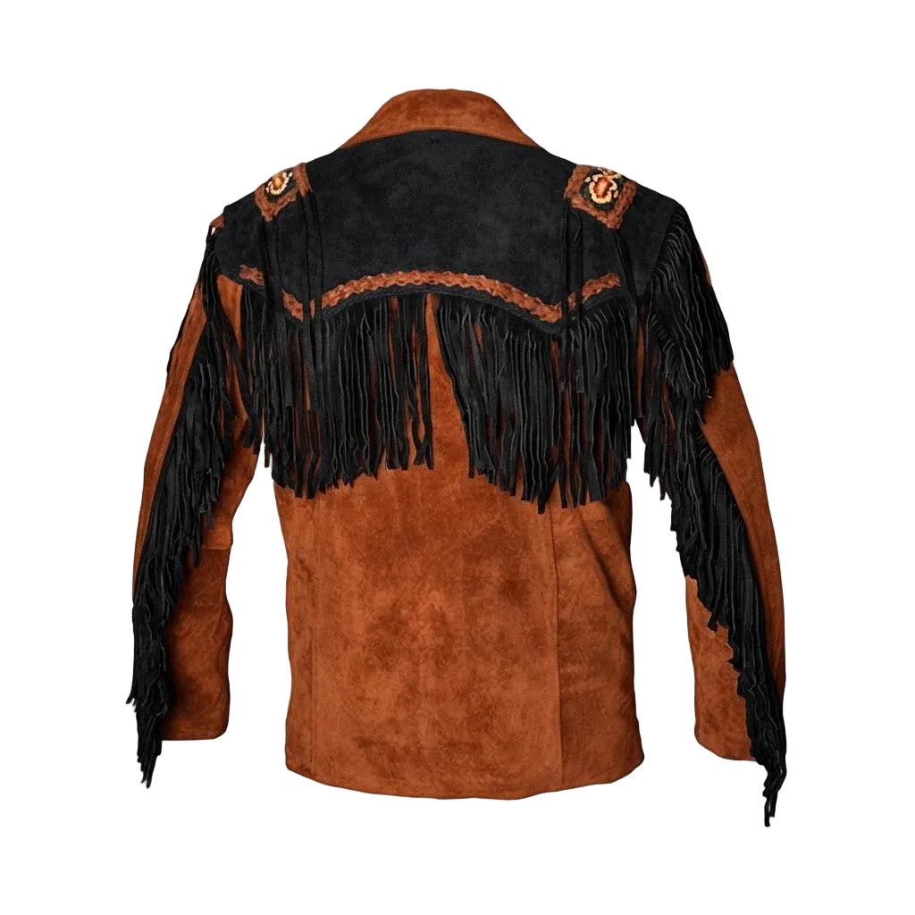 A brown suede fringe jacket shown from the back, featuring a black suede yoke with decorative braided trim and embroidered shoulder details, set against a plain white background.