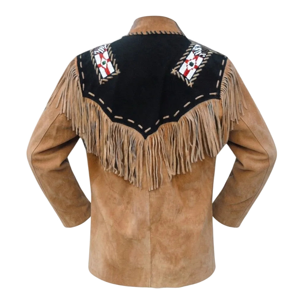 A brown suede western-style jacket shown from the back, featuring a large black suede yoke with fringe, decorative stitching, and geometric bead work accents in red, white, and tan.