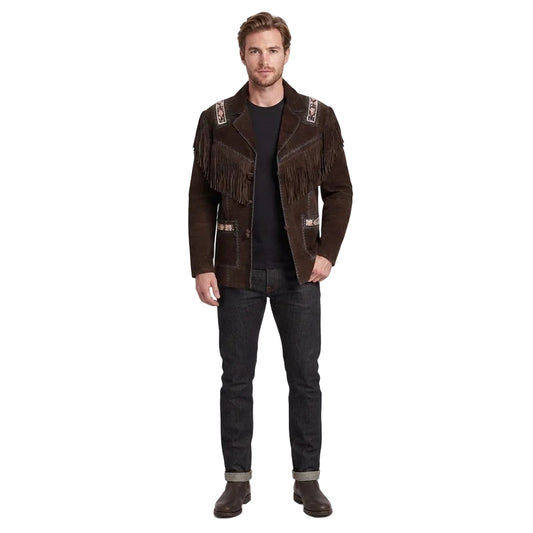 A man modeling a dark brown suede fringe jacket with western-style embroidery, paired with a black t-shirt, dark jeans, and brown boots, shot against a solid white studio background.