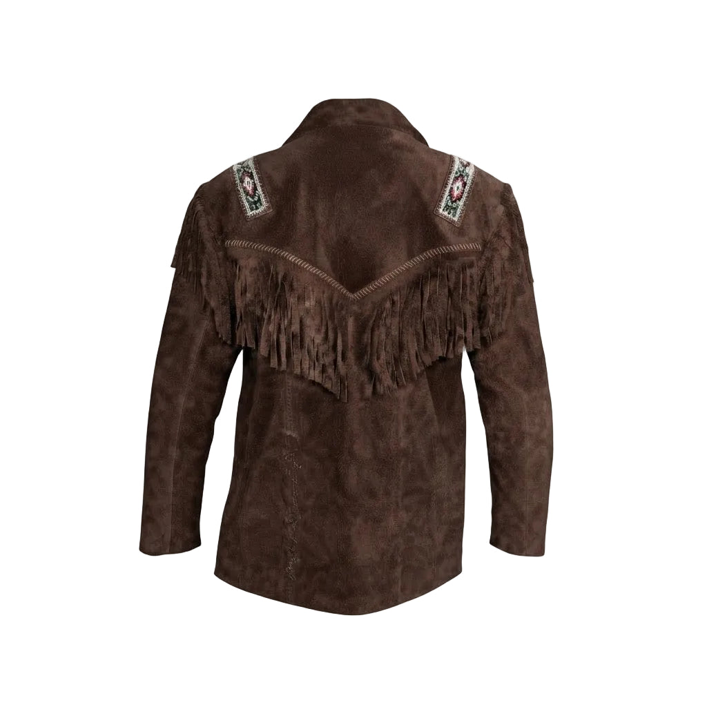 A dark brown suede fringe jacket with decorative embroidered details on the shoulders, shown from the back against a plain white background.