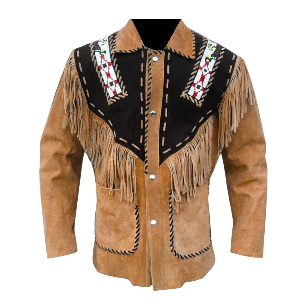 A brown suede western-style jacket with a black yoke panel, geometric bead work, and long fringe, shown on a white background.
