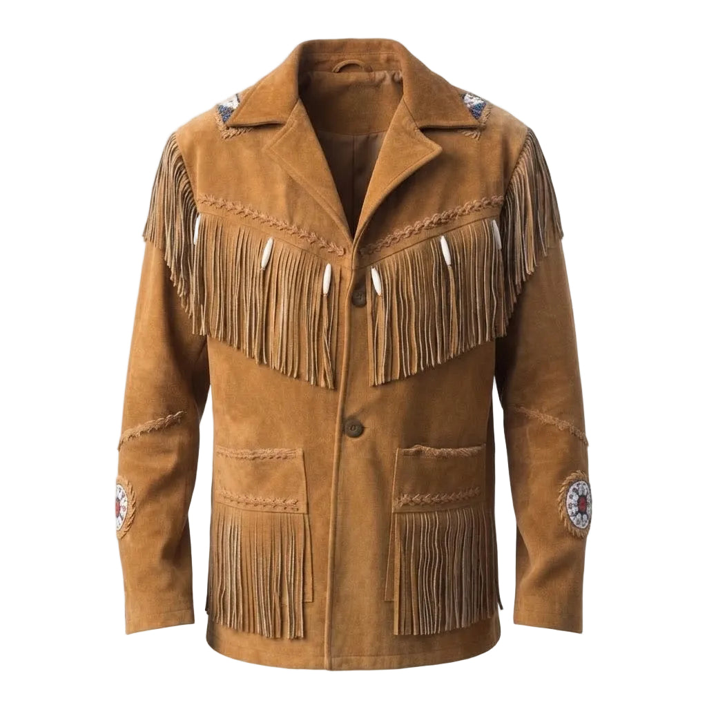 A brown suede fringe jacket with a pointed collar, button front, and decorative embroidered patches on the shoulders and sleeves, shown against a plain white background.