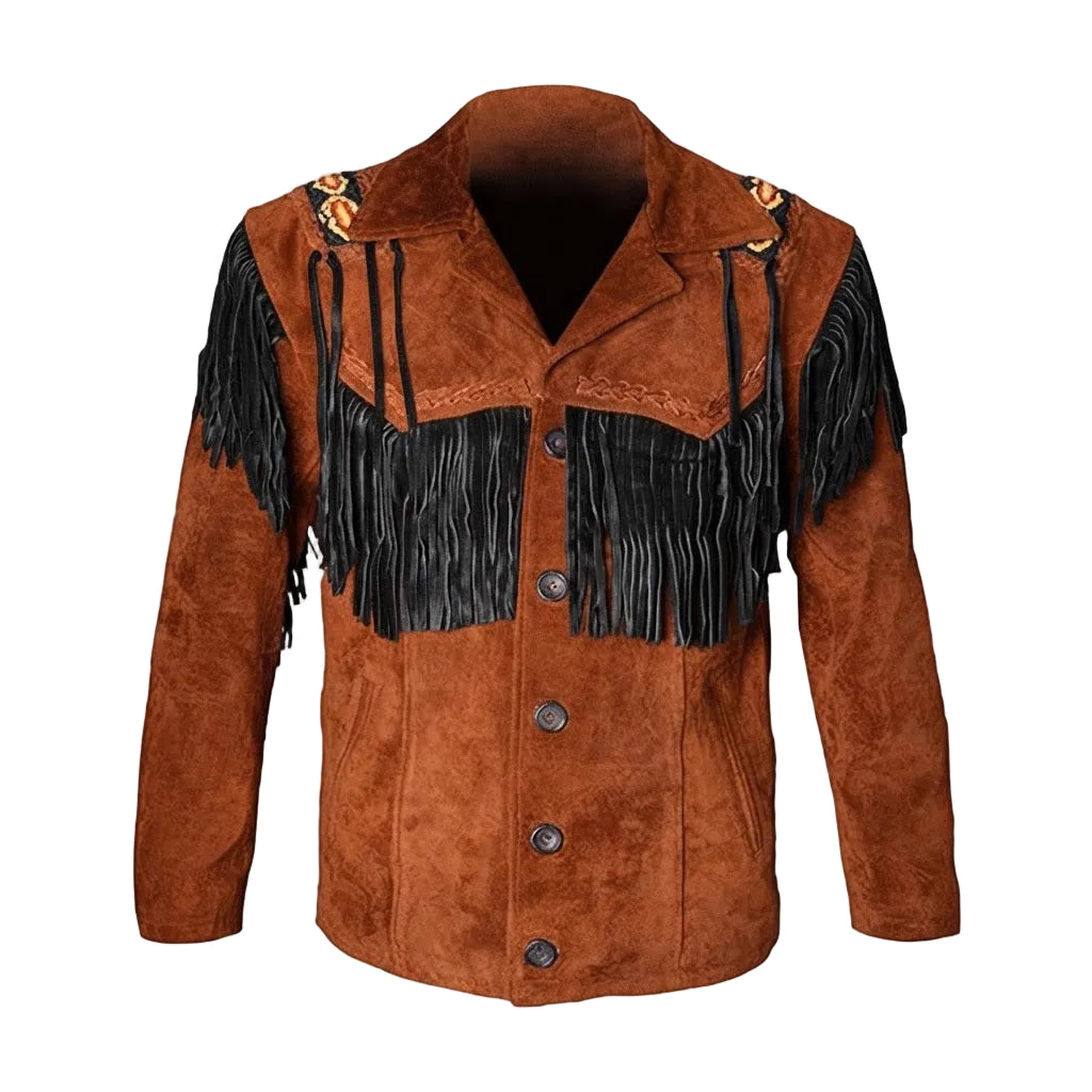A brown suede jacket with black fringe across the chest and shoulders, decorative embroidered details on the shoulders, and a button-front closure, shown on a plain white background.
