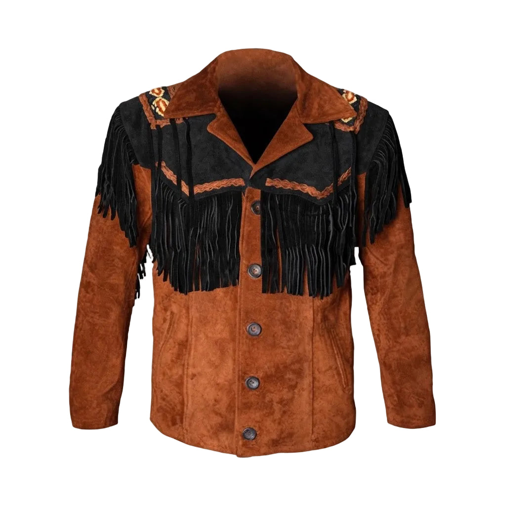 A men's western-style suede jacket in brown and black, featuring black fringe across the chest, decorative braided trim, and embroidered details on the shoulders, shown on a plain white background.