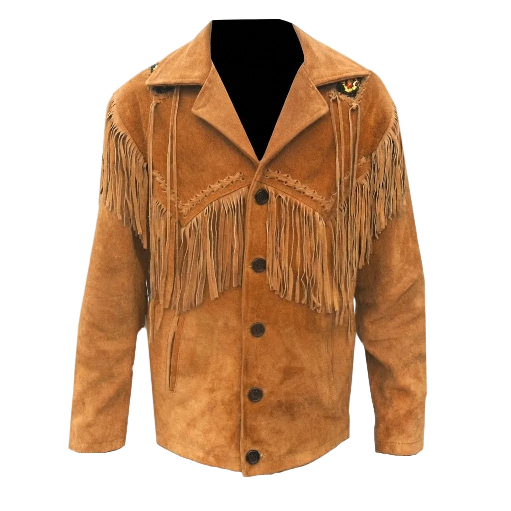 A brown suede fringe jacket with a notched lapel, button front, and decorative stitching on the chest, displayed on a black mannequin torso against a white background.