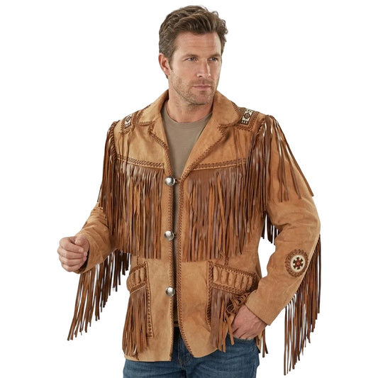 A man wearing a brown suede fringe jacket with silver-tone snap buttons, styled over a brown t-shirt and blue jeans, photographed against a solid white background.