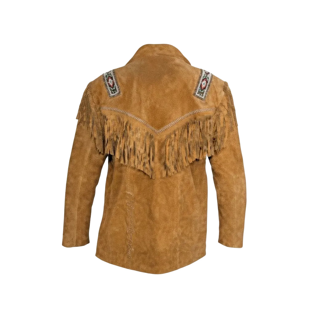 A brown suede fringe jacket shown from the back, featuring decorative embroidered details on the shoulders and a V-shaped fringe across the upper back, set against a plain white background.
