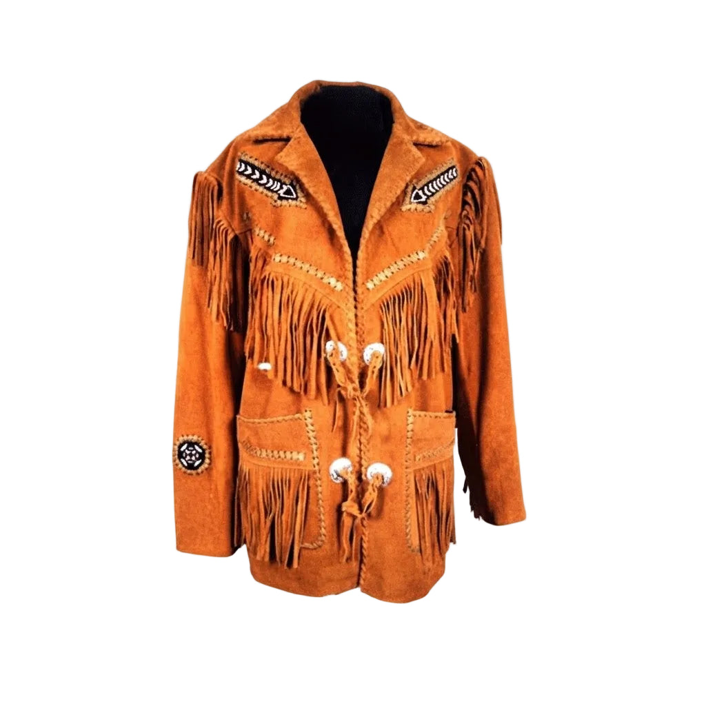 Brown suede jacket with fringes and embroidery on a white background