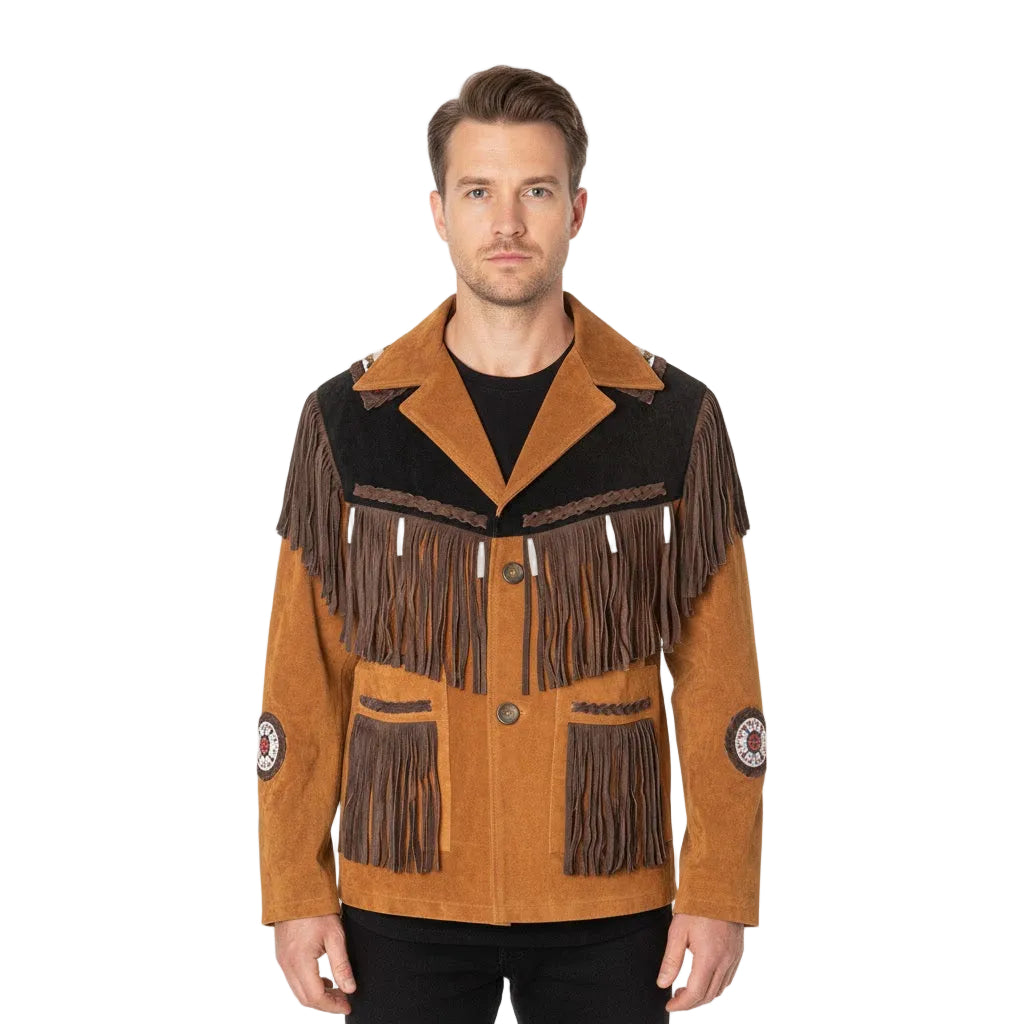 Man wearing a brown and black fringed jacket on a white background