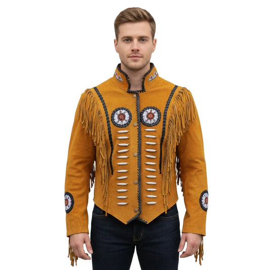 Man wearing a mustard yellow fringed jacket with decorative elements on a white background