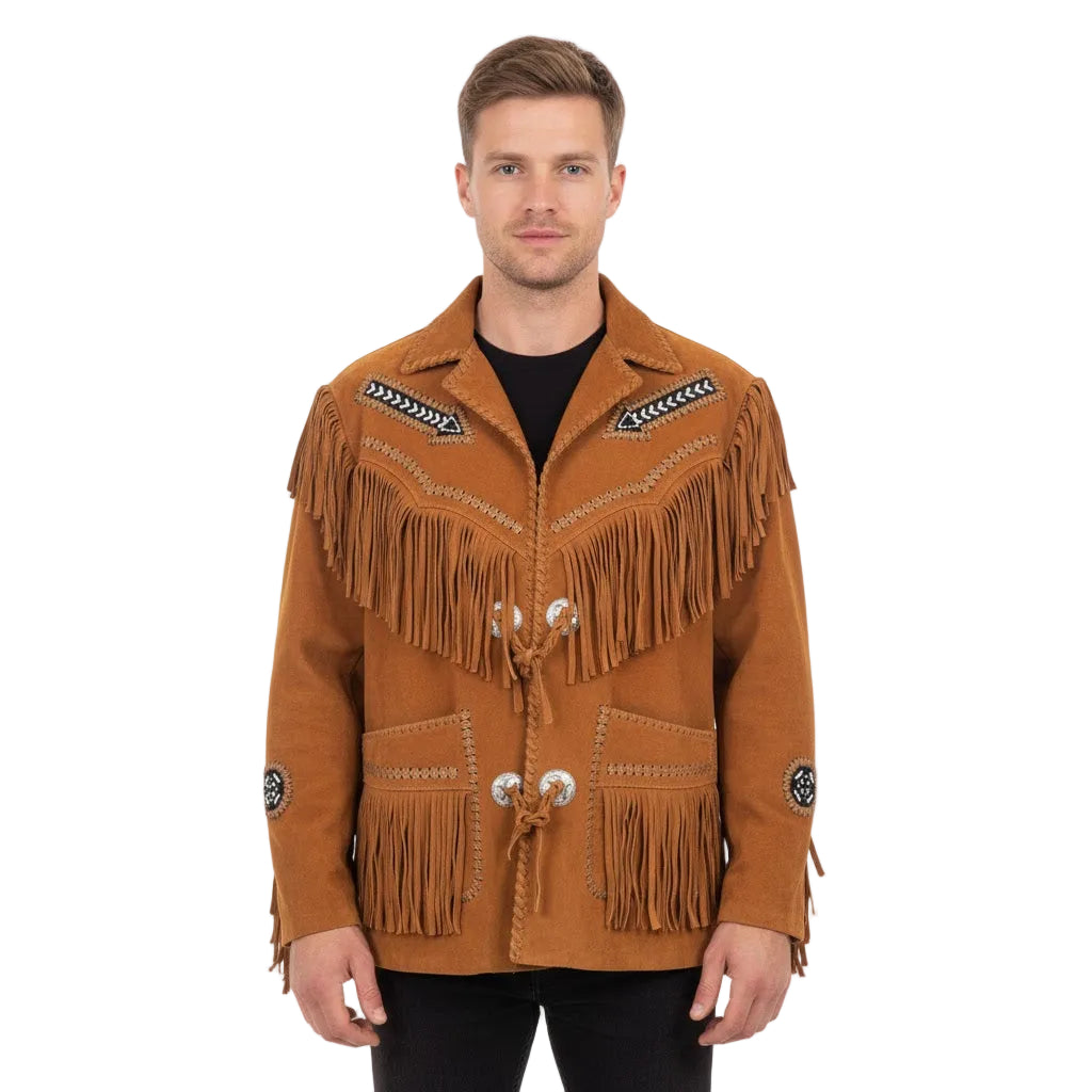 Man wearing a brown fringed jacket with decorative patterns on a white background