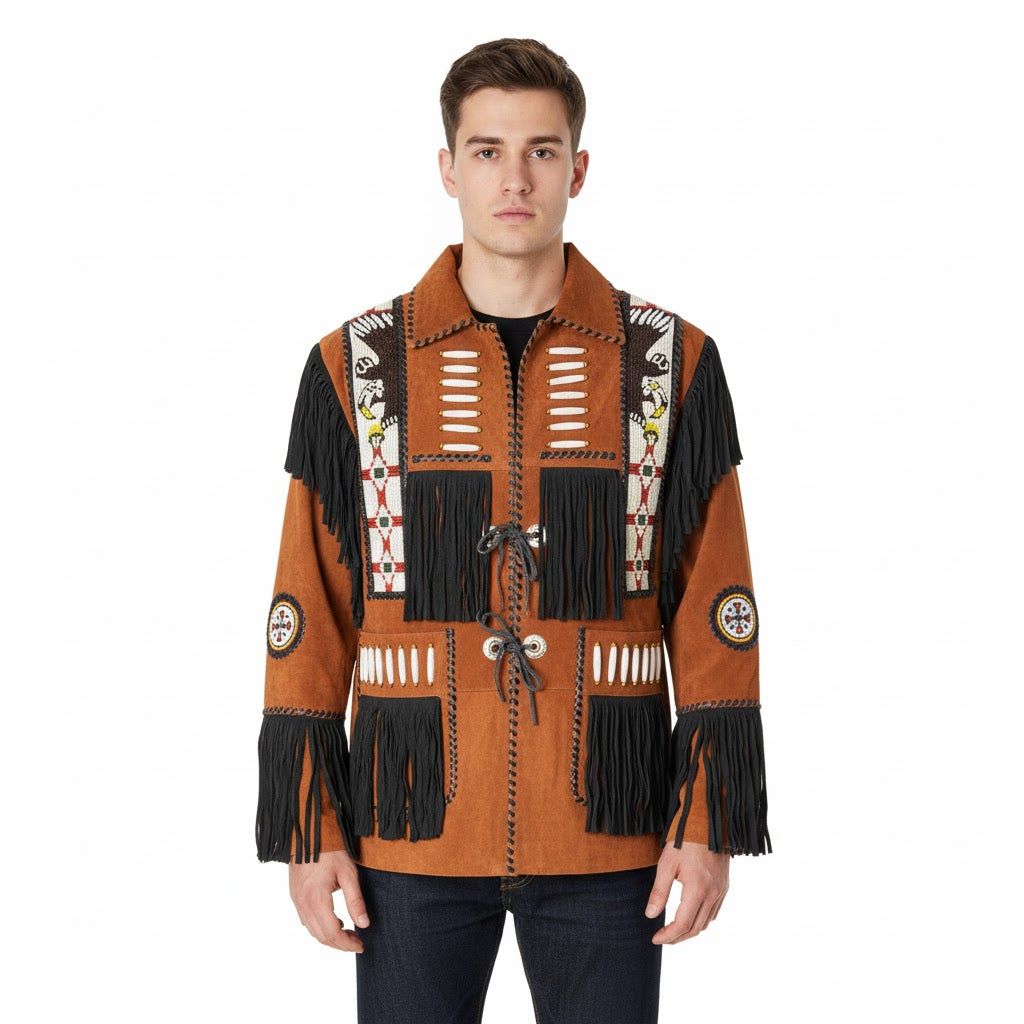Man wearing a traditional-style jacket with fringes and patterns on a white background