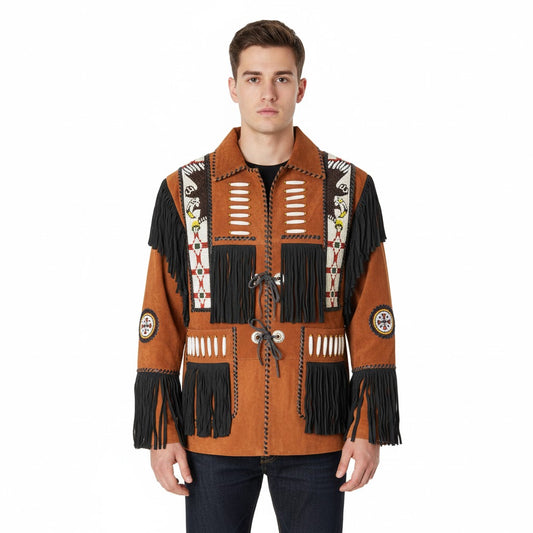 Man wearing a traditional-style jacket with fringes and patterns on a white background