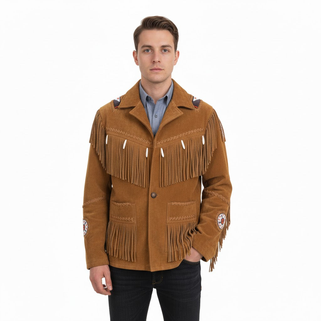 Man wearing a brown suede jacket with fringes on a white background