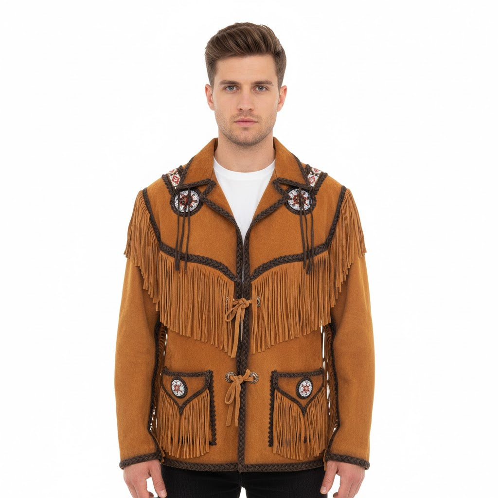 Man wearing a brown fringed jacket with decorative elements on a white background