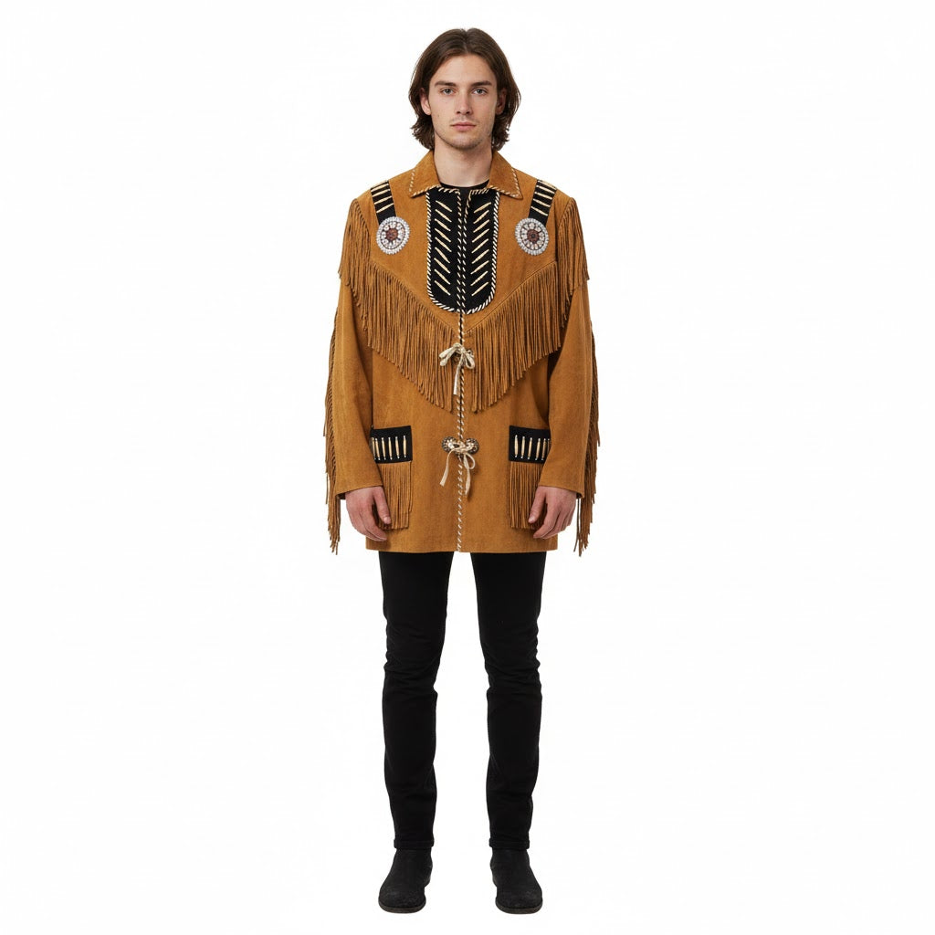 Western Brown Suede Leather Fringe Beaded Jacket Cowboy Jacket LWJ1880