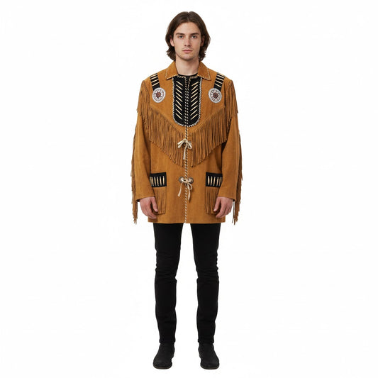 Western Brown Suede Leather Fringe Beaded Jacket Cowboy Jacket LWJ1880