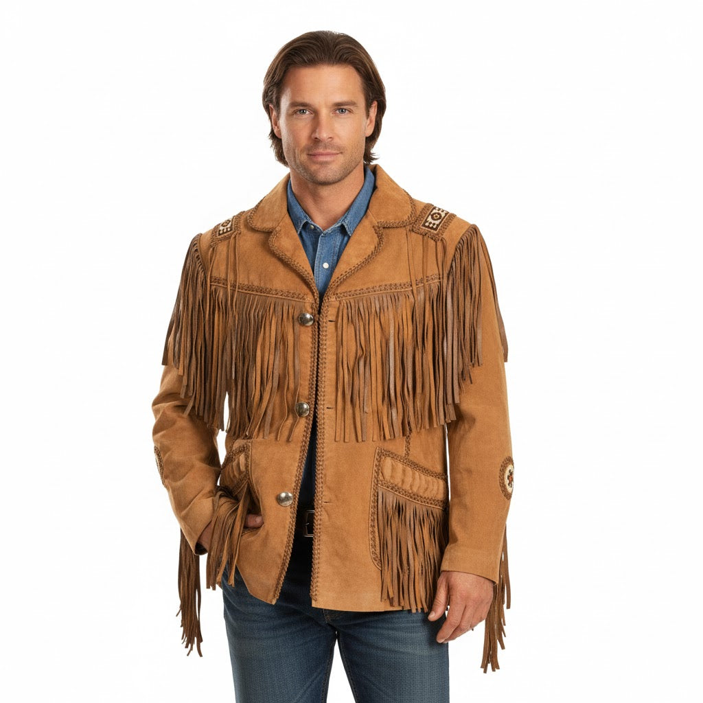 Man wearing a brown fringed leather jacket on a white background