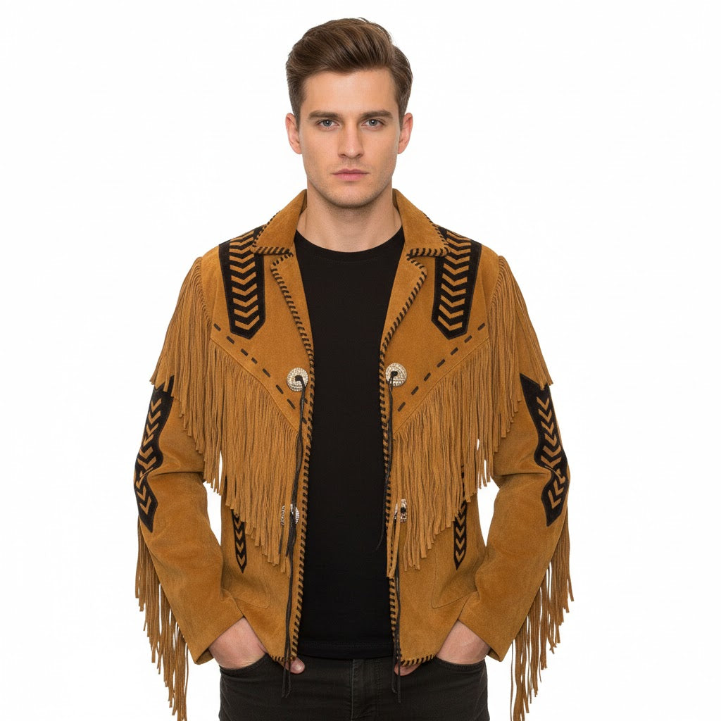 Man wearing a Brown fringed jacket with decorative elements on a white background