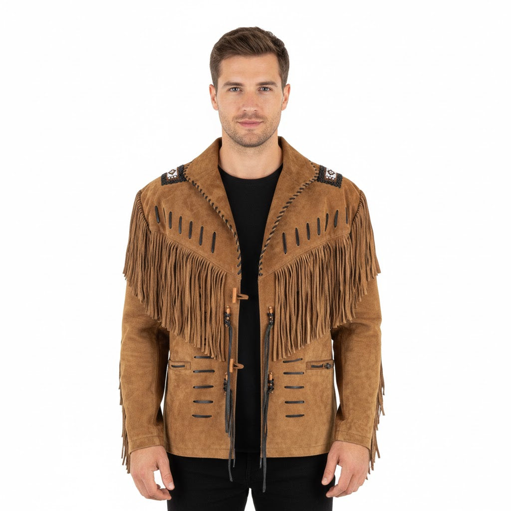 Man wearing a brown suede jacket with fringes on a white background