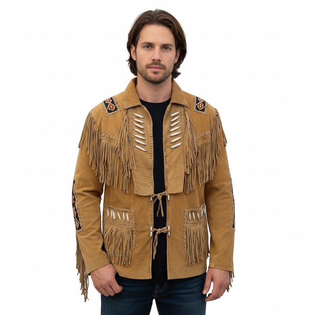 Man wearing a Brown fringed jacket with decorative elements on a white background