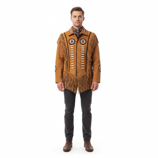 Man wearing a brown fringed jacket on a white background