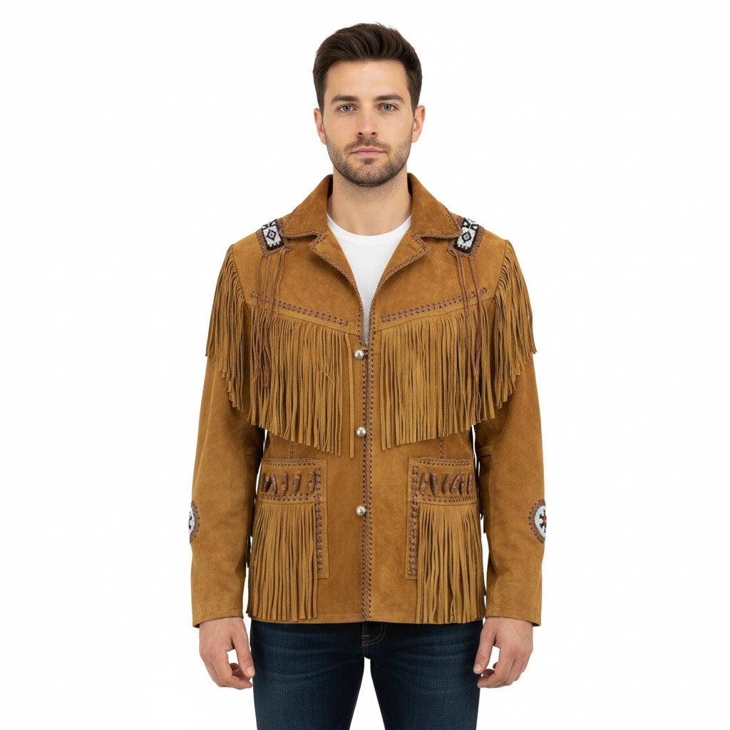 Man wearing a brown suede jacket with fringes on a white background