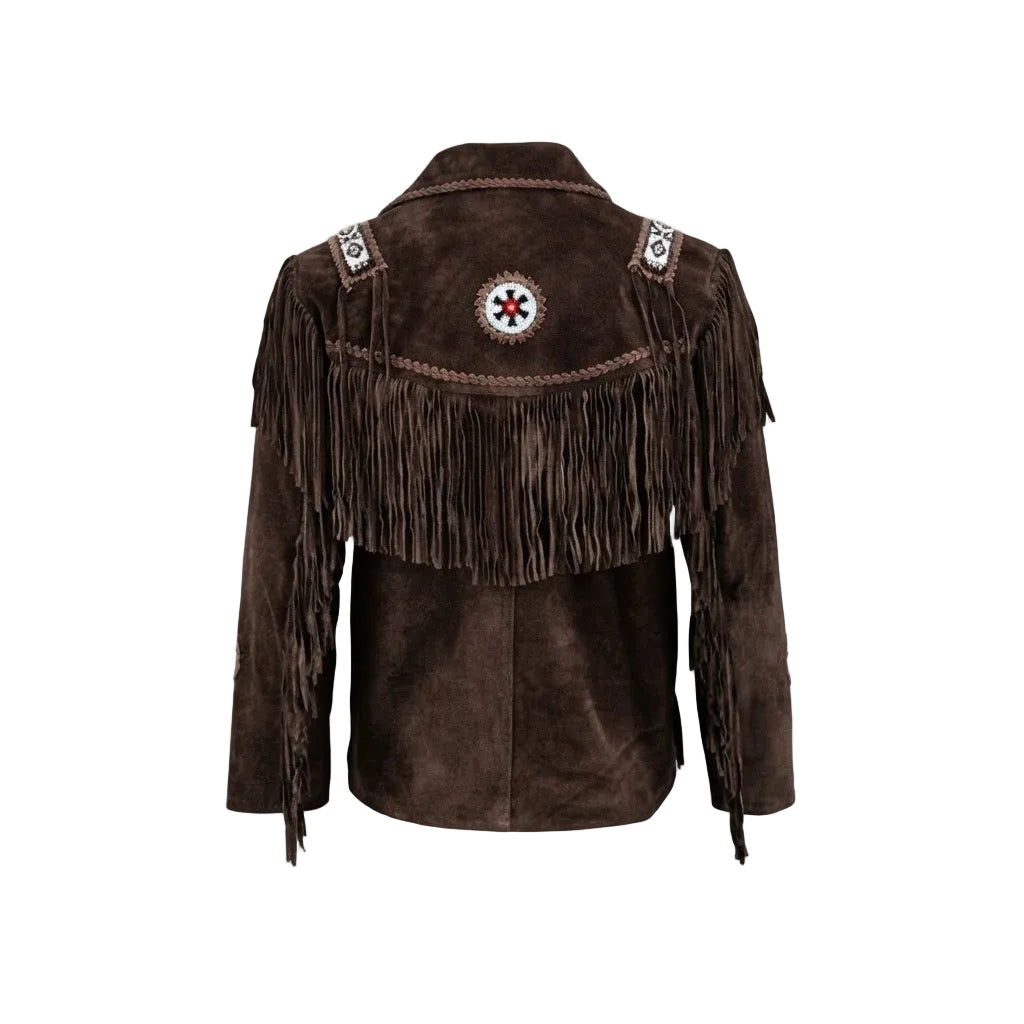 A dark brown suede fringe jacket shown from the back, featuring a central circular patch with a red and white star, decorative beadwork on the shoulders, and long hanging fringe across the upper back.