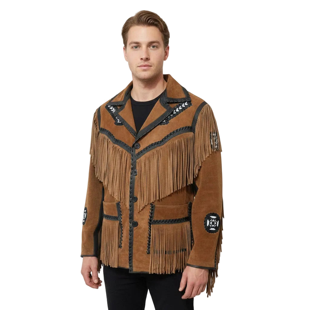Man wearing a brown fringed jacket on a white background